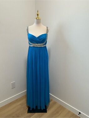La Femme Turquoise Beaded Strap Chiffon Maxi Gown